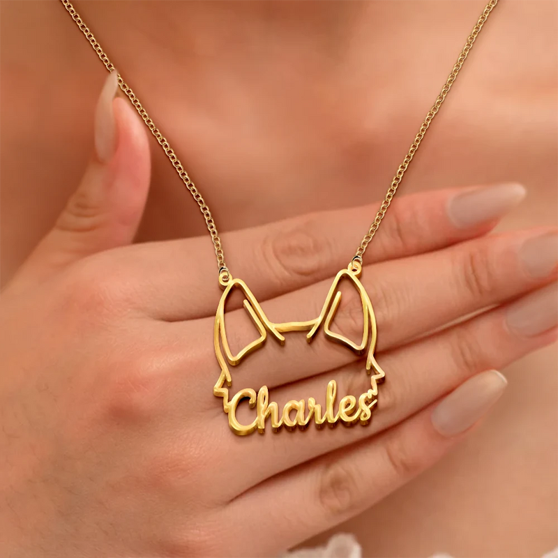 Dog Lovers,Dog Mom,Pet Lovers,Pet Mom,Love - Dog Ears Line Art With Custom Name - Personalized Letter Necklace