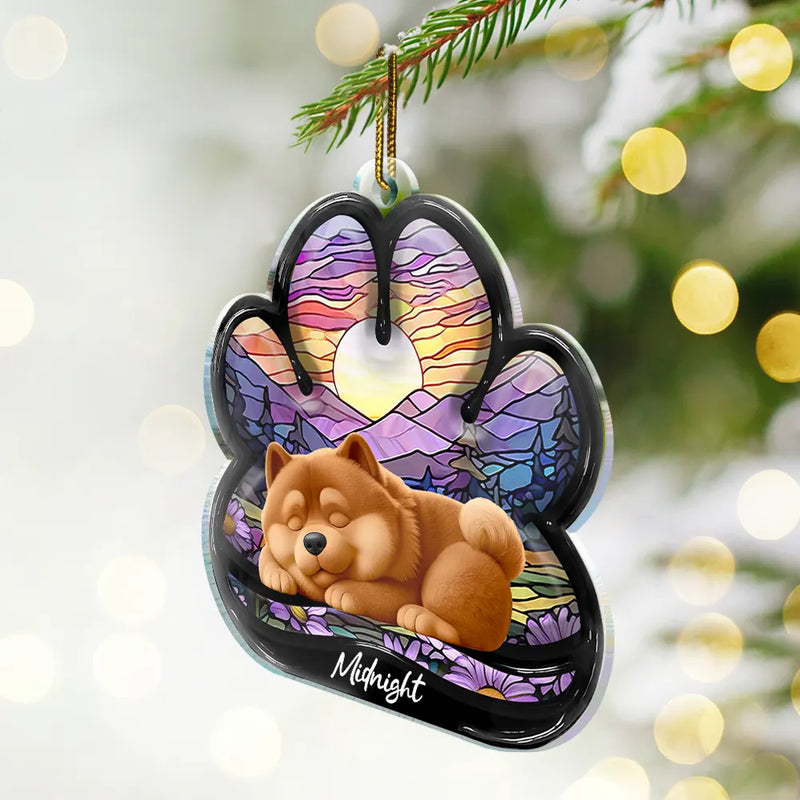 Christmas,Top Market,Pet Lovers,Pet Mom,Pet Dad,Dog Lovers,Dog Mom,Dog Dad,Happy - Dog Lying On Pawprint - Personalized Custom Shaped Acrylic Ornament