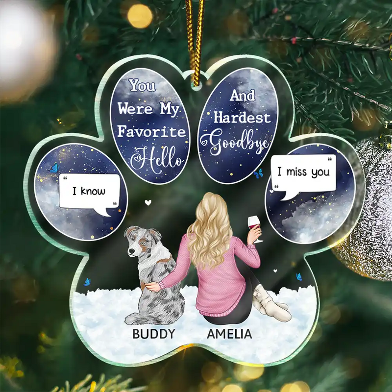 Dog Lovers,Dog Mom,Sad,Christmas - Dog Memorial You Were My Favorite Hello And Hardest Goodbye - Personalized Custom Shaped Acrylic Ornament