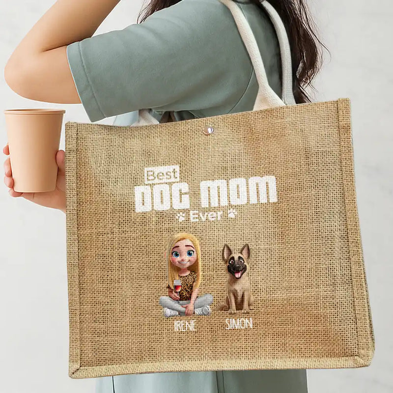 Dog Mom,Happy,Summer,Beach,Dog Lovers - Dog Mom A Girl And Her Dog - Personalized Jute Beach Bag