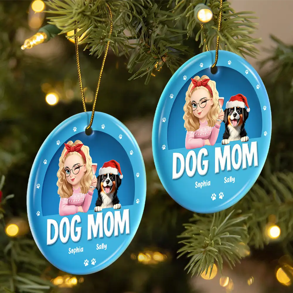 Dog Mom,Dog Lovers,Gift For Women,Gift For Yourself,Happy,Christmas - Dog Mom Christmas 3D Effect - Personalized Circle Ceramic Ornament