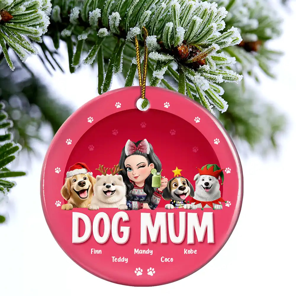 Dog Mom,Dog Lovers,Gift For Women,Gift For Yourself,Happy,Christmas - Dog Mom Christmas 3D Effect - Personalized Circle Ceramic Ornament
