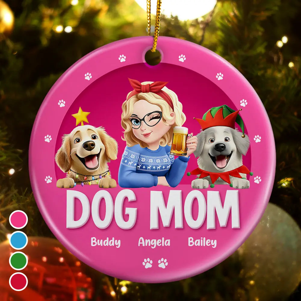 Dog Mom Christmas 3D Effect - Personalized Circle Ceramic Ornament