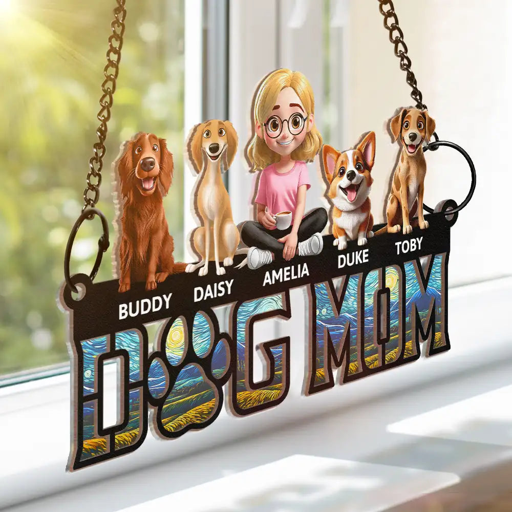 Dog Lovers,Dog Mom,Dog Dad,Happy,Gift For Yourself,Gift For Women,Gift For Men,Pet Lovers - Dog Mom Dog Dad - Personalized Window Hanging Suncatcher Ornament