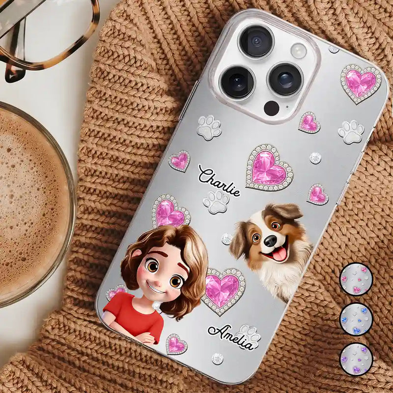 Pet Mom, Pet Lovers, Pet Dad, Dog Lovers, Dog Mom, Dog Dad, Happy - Dog Mom Dog Dad Metal And Crystal Effect Printed, Personalized Clear Phone Case