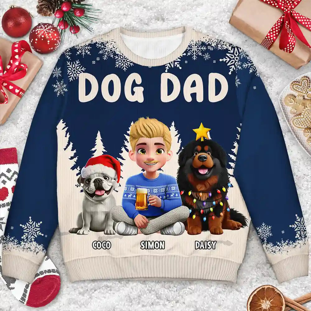 Dog Lovers, Christmas, Happy - Dog Mom Mum 3D Effect White Trees - Personalized Unisex Ugly Sweater