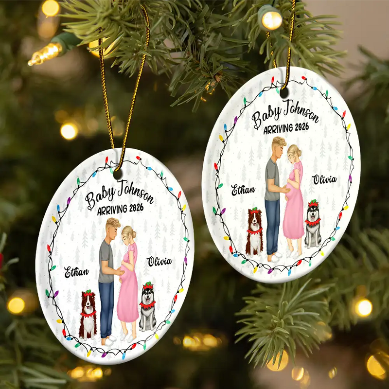 Christmas, New baby, New Dad, New Mom, Pet Couple, Happy - Dog Parents To Human Parents Baby Expecting - Personalized Circle Ceramic Ornament