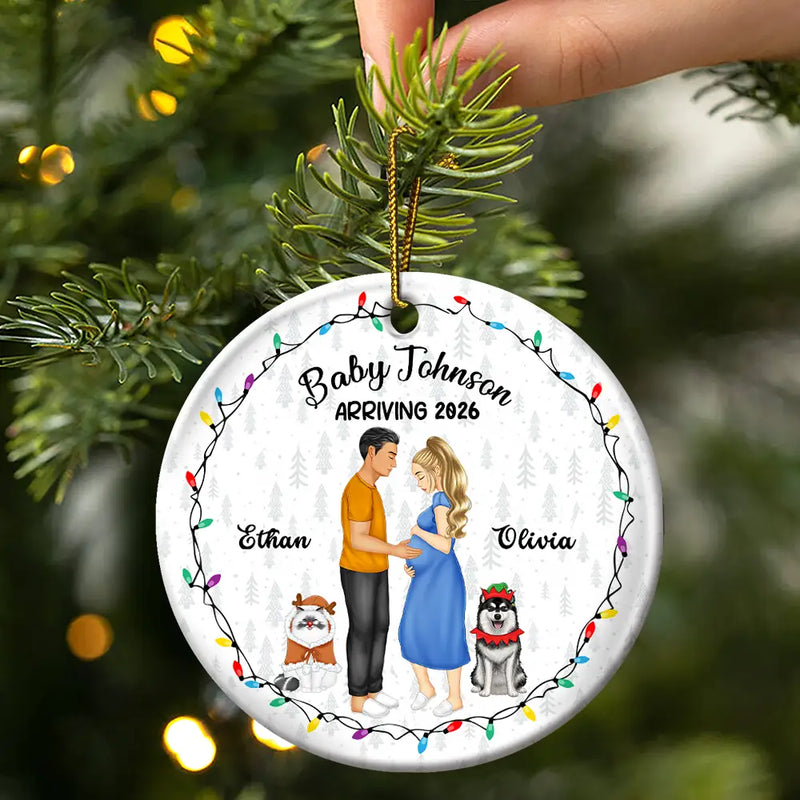 Christmas, New baby, New Dad, New Mom, Pet Couple, Happy - Dog Parents To Human Parents Baby Expecting - Personalized Circle Ceramic Ornament