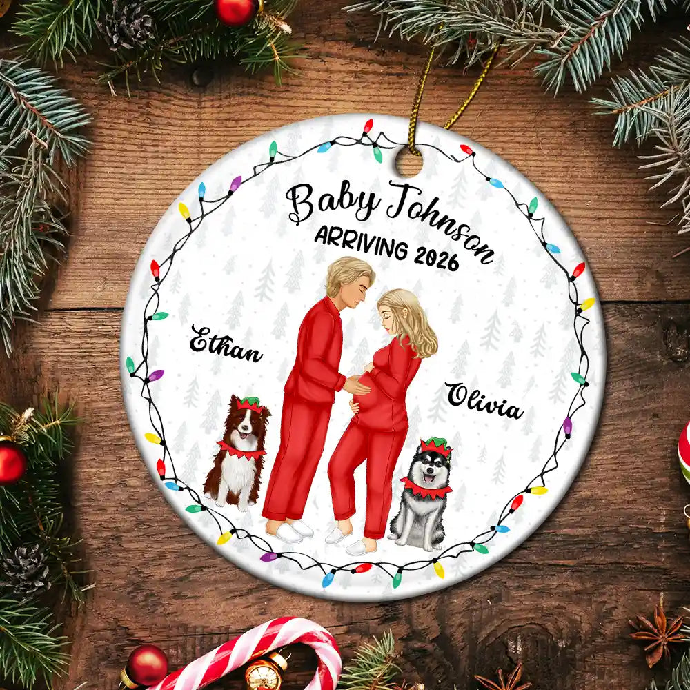 Christmas, New baby, New Dad, New Mom, Pet Couple, Happy - Dog Parents To Human Parents Baby Expecting - Personalized Circle Ceramic Ornament