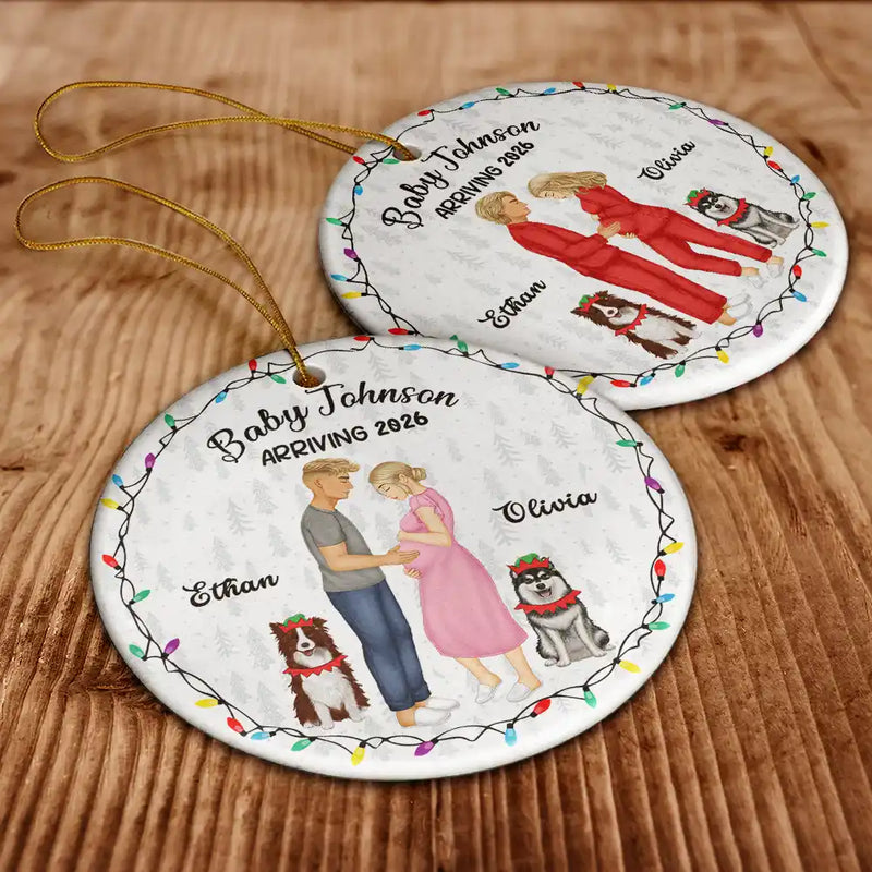 Christmas, New baby, New Dad, New Mom, Pet Couple, Happy - Dog Parents To Human Parents Baby Expecting - Personalized Circle Ceramic Ornament