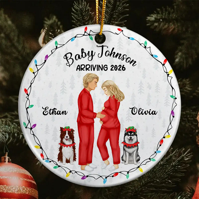 Christmas, New baby, New Dad, New Mom, Pet Couple, Happy - Dog Parents To Human Parents Baby Expecting - Personalized Circle Ceramic Ornament