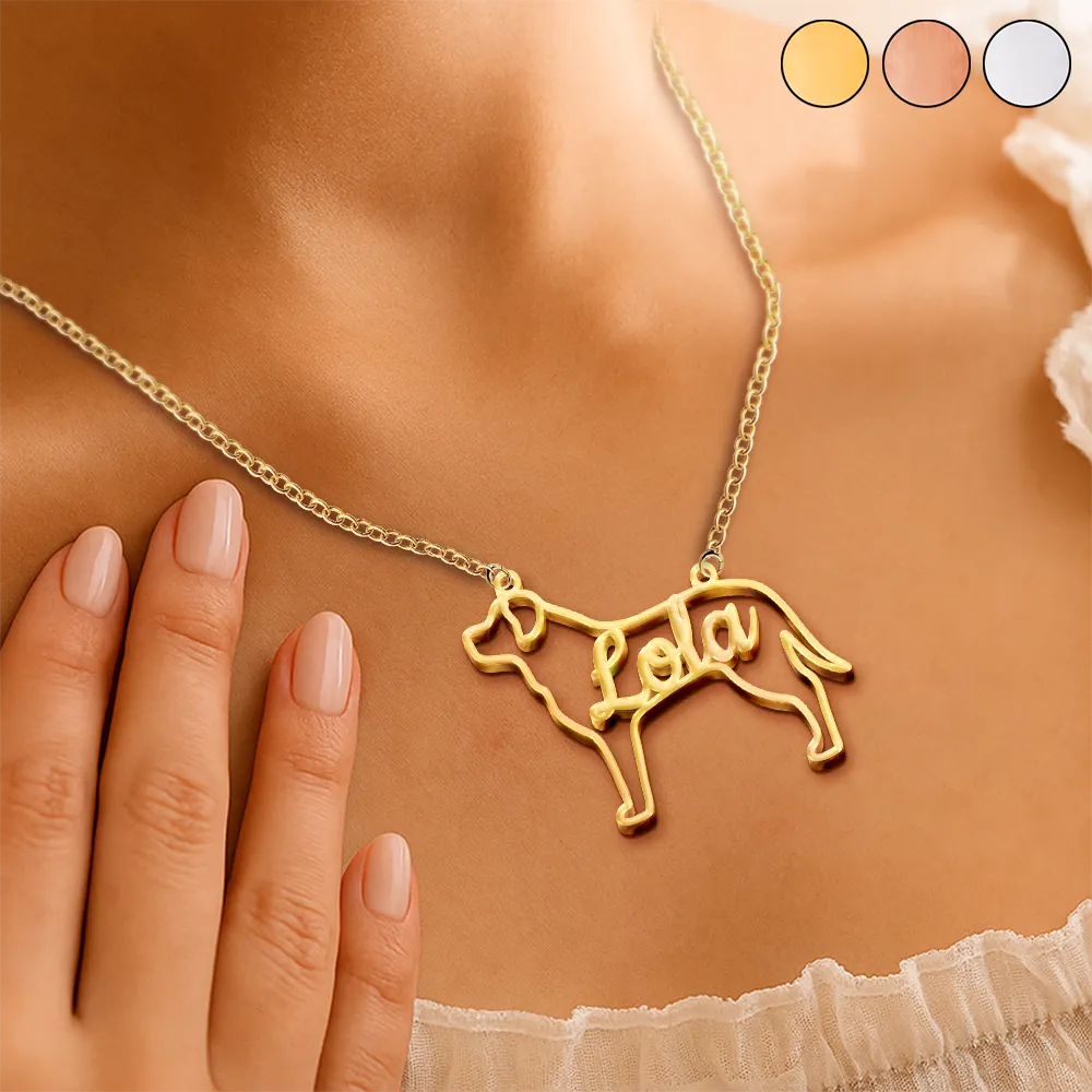 Dog Shaped Line Art With Custom Name - Personalized Letter Necklace