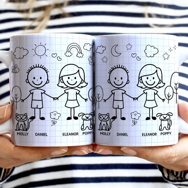 Gift For Couples,Gift For Husband,Gift For Wife,Gift For Boyfriend,Gift For Girlfriend,Dog Lovers,Dog Couple,Cat Lovers,Cat Couple,Pet Lovers,Pet Couple,Love - Doodle Stick Figure Couple With Dog Cat - Personalized White Edge-to-Edge Mug