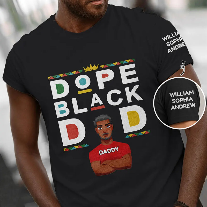 Afro Dad,Gift For Men,Gift For Father,Funny,Vector,Proud - Dope Black Dad With Kids' Names On Sleeve - Personalized T Shirt