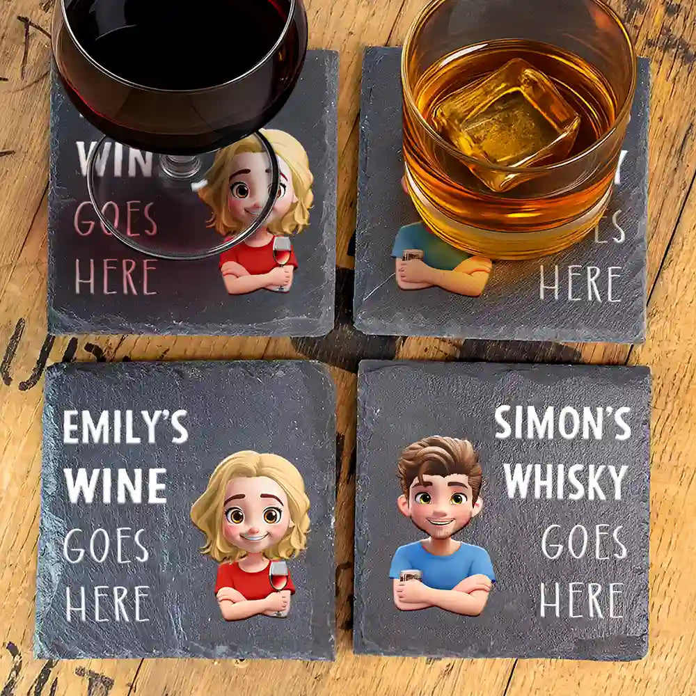 Gift For Couples, Funny - Drink Goes Here 3D Effect Couple - Personalized Slate Coaster