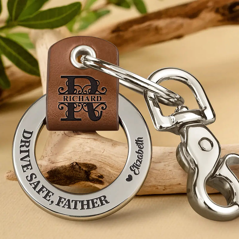 Gift For Father,Gift For Grandpa,Love - Drive Safe Daddy Monogram Initial - Personalized Leather Coordinates Keychain