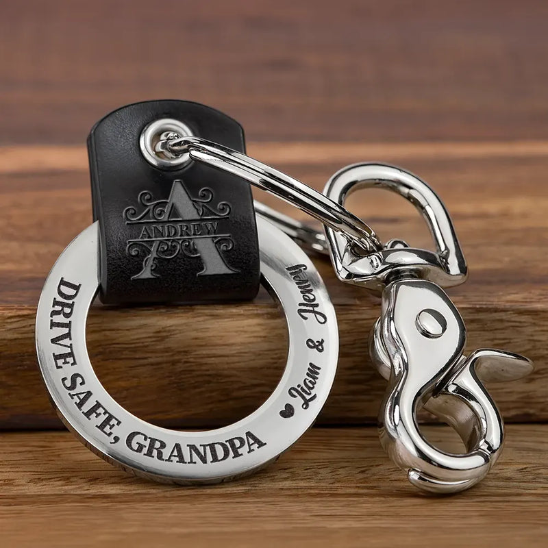 Gift For Father,Gift For Grandpa,Love - Drive Safe Daddy Monogram Initial - Personalized Leather Coordinates Keychain