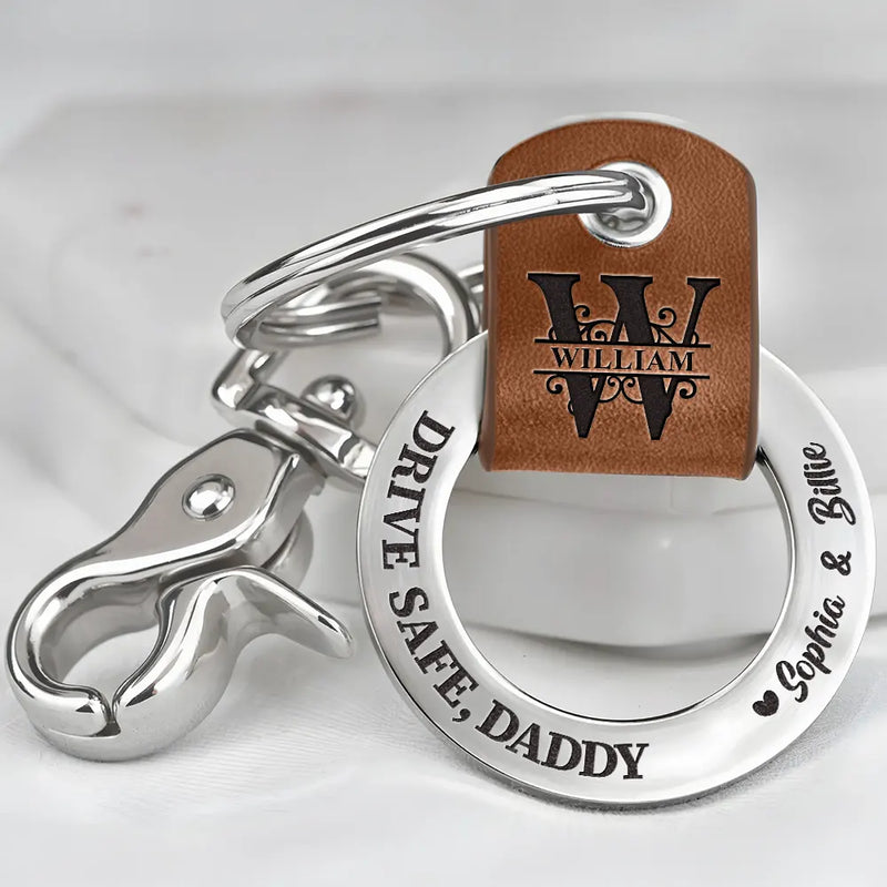 Gift For Father,Gift For Grandpa,Love - Drive Safe Daddy Monogram Initial - Personalized Leather Coordinates Keychain