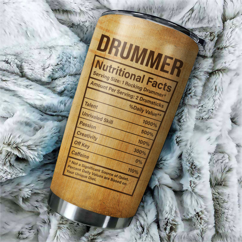 Drummer Gifts Drummer Nutritional Facts Label Custom Tumbler, Percussion Drum Player Gift