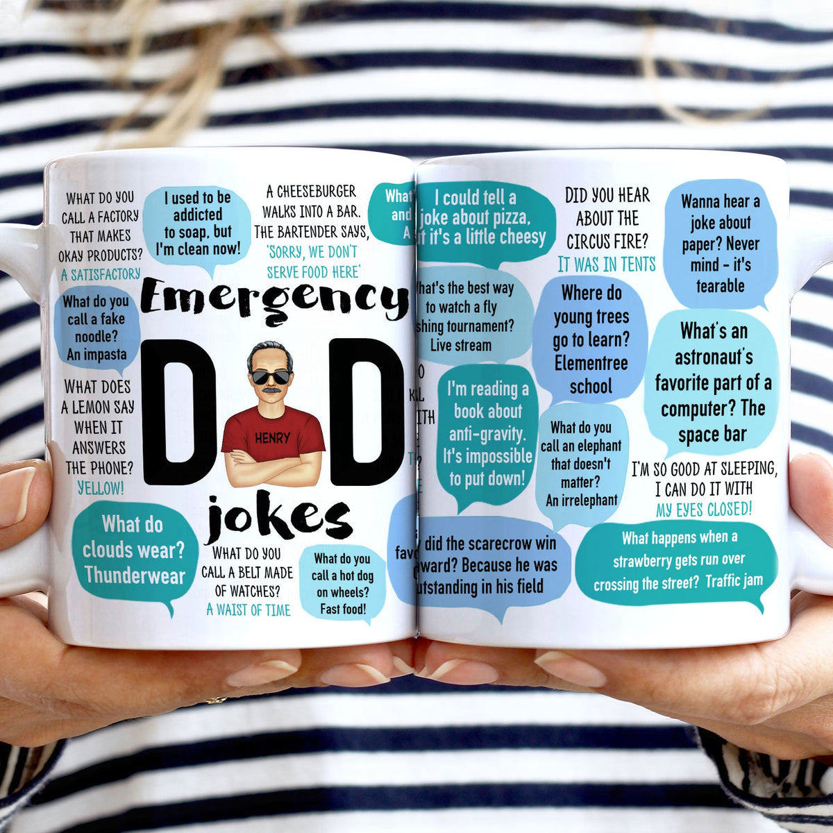 Funny Emergency Dad Jokes - Birthday, Anniversary, Family Gift For Daddy, Father, Grandpa, Husband, Men - Personalized Custom White Edge-to-Edge Mug