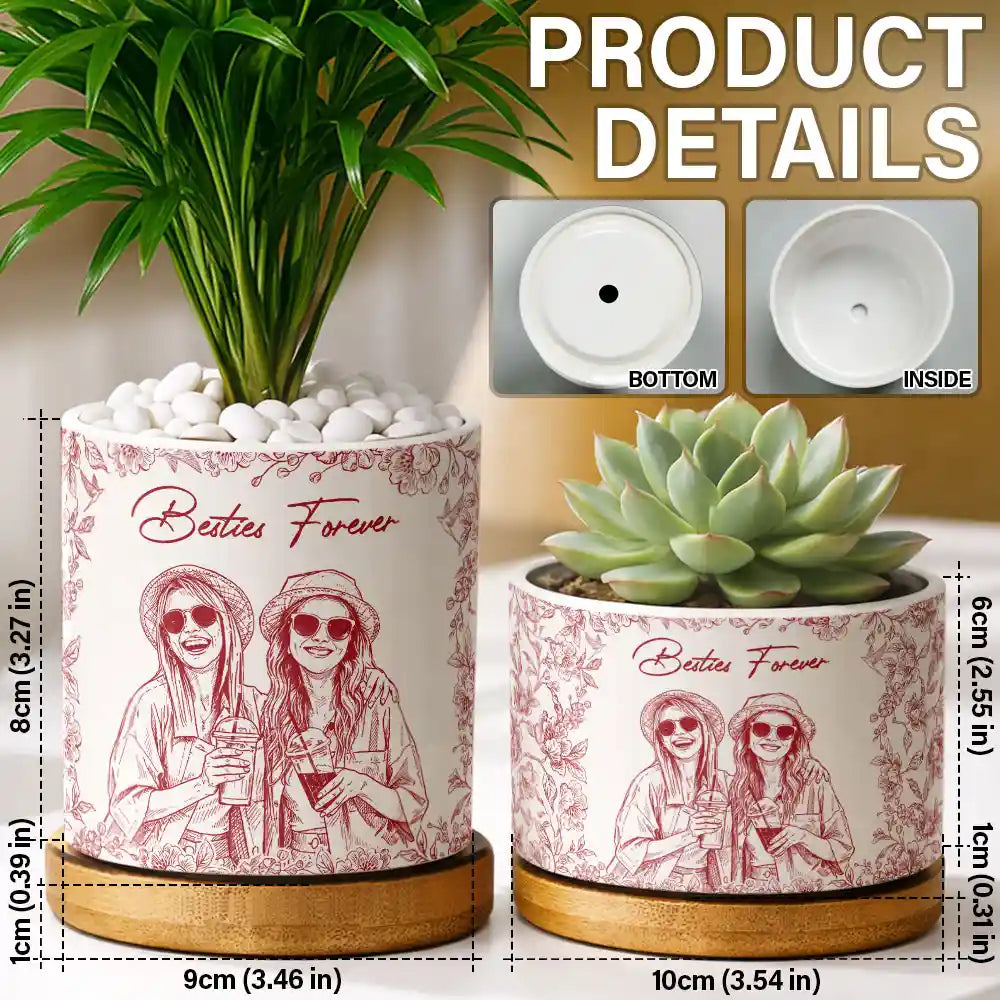 Gift For Bestie,Old Best friends,Gift For Sisters,Custom Photo,Happy - Custom Photo Pencil Sketch A True Friendship Is A Journey Without An End - Personalized Ceramic Plant Pot