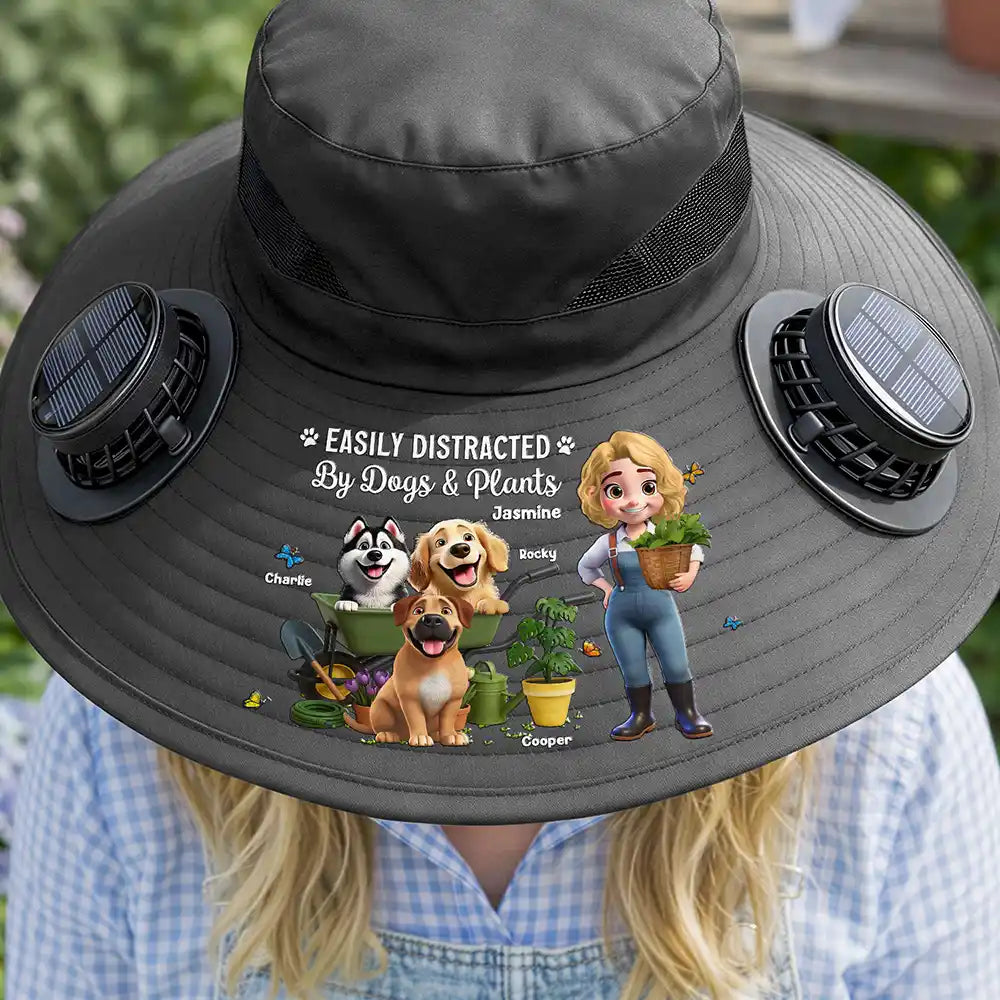 Gift For Yourself,Gift For Women,Gift For Men,Gift For Mother,Gift For Father,Gardening,Happy,Dog Lovers,Dog Mom,Dog Dad - Easily Distracted By Dogs And Plants - Personalized Solar Fan Hat