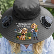 Gift For Yourself,Gift For Women,Gift For Men,Gift For Mother,Gift For Father,Gardening,Happy,Dog Lovers,Dog Mom,Dog Dad - Easily Distracted By Dogs And Plants - Personalized Solar Fan Hat