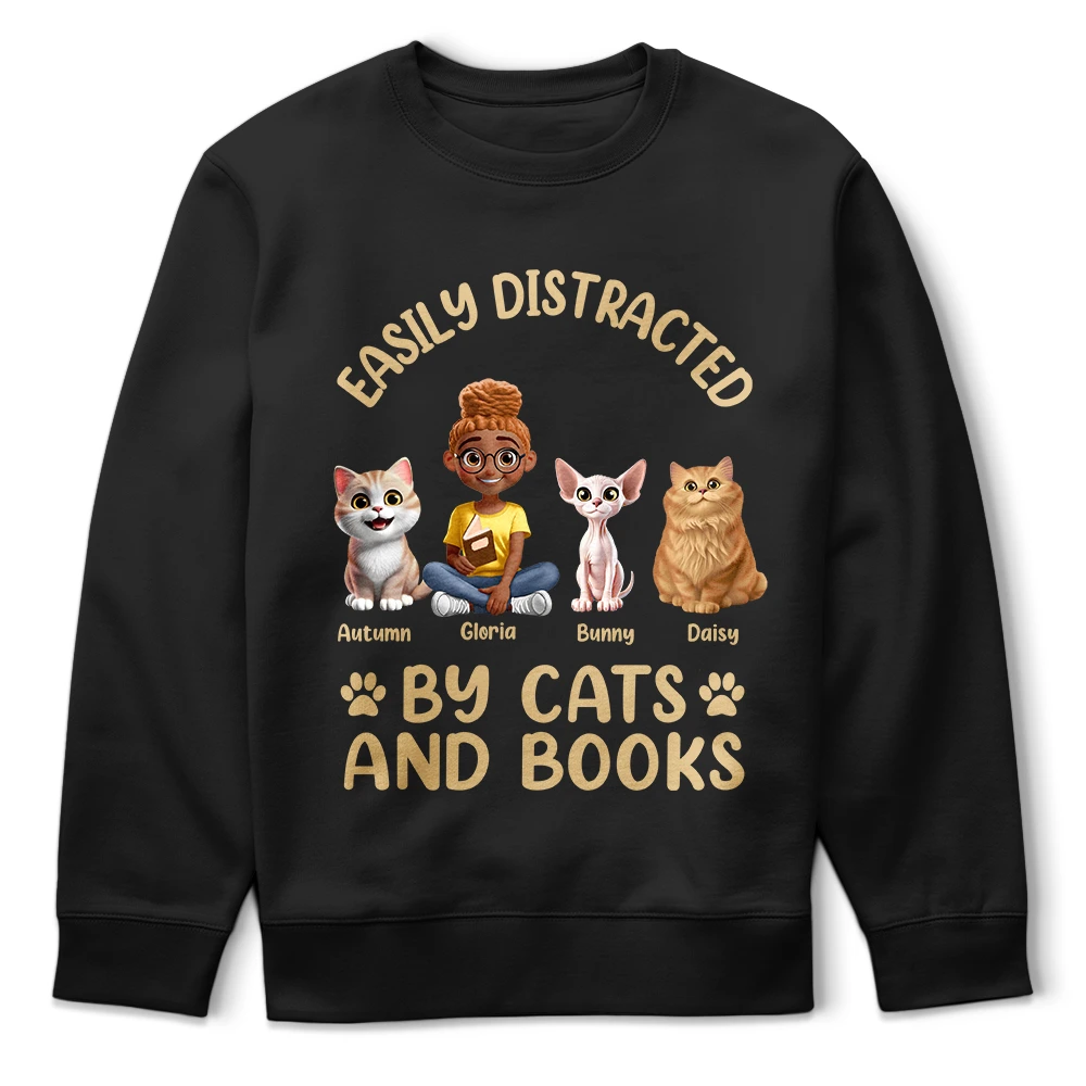 Easily Distracted By Cats & Books - Personalized T Shirt