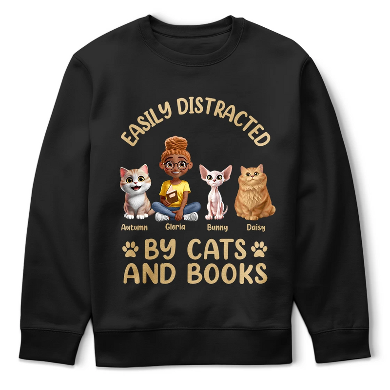 Easily Distracted By Cats & Books - Personalized T Shirt