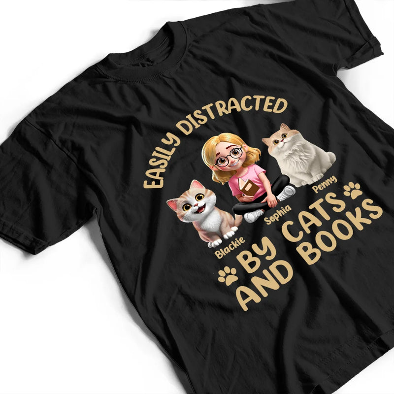Easily Distracted By Cats & Books - Personalized T Shirt