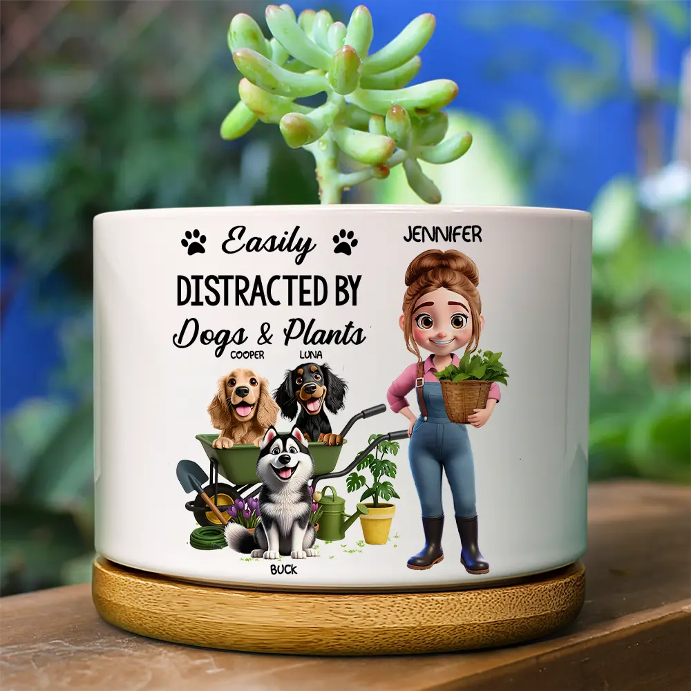 Gardening,Gift For Women,Gift For Men,Pet Lovers,Pet Mom,Pet Dad,Dog Lovers,Dog Mom,Dog Dad,Happy,Vector - Easily Distracted By Dogs And Plants - Personalized Ceramic Plant Pot