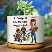 Gardening,Gift For Women,Gift For Men,Pet Lovers,Pet Mom,Pet Dad,Dog Lovers,Dog Mom,Dog Dad,Happy,Vector - Easily Distracted By Dogs And Plants - Personalized Ceramic Plant Pot