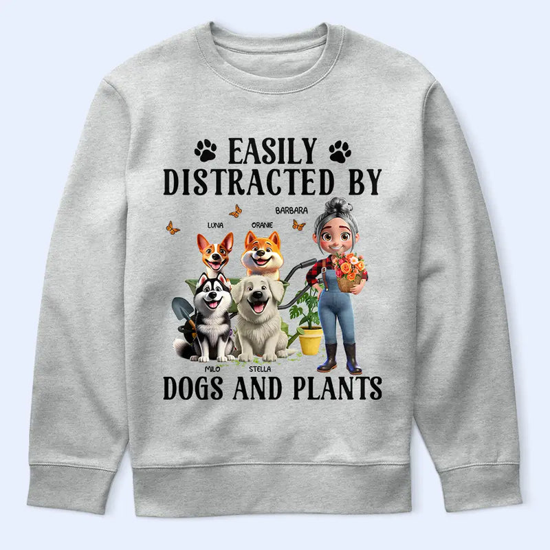 Gardening,Gift For Women,Gift For Men,Pet Lovers,Pet Mom,Pet Dad,Dog Lovers,Dog Mom,Dog Dad,Happy - Easily Distracted By Dogs And Plants - Personalized T Shirt