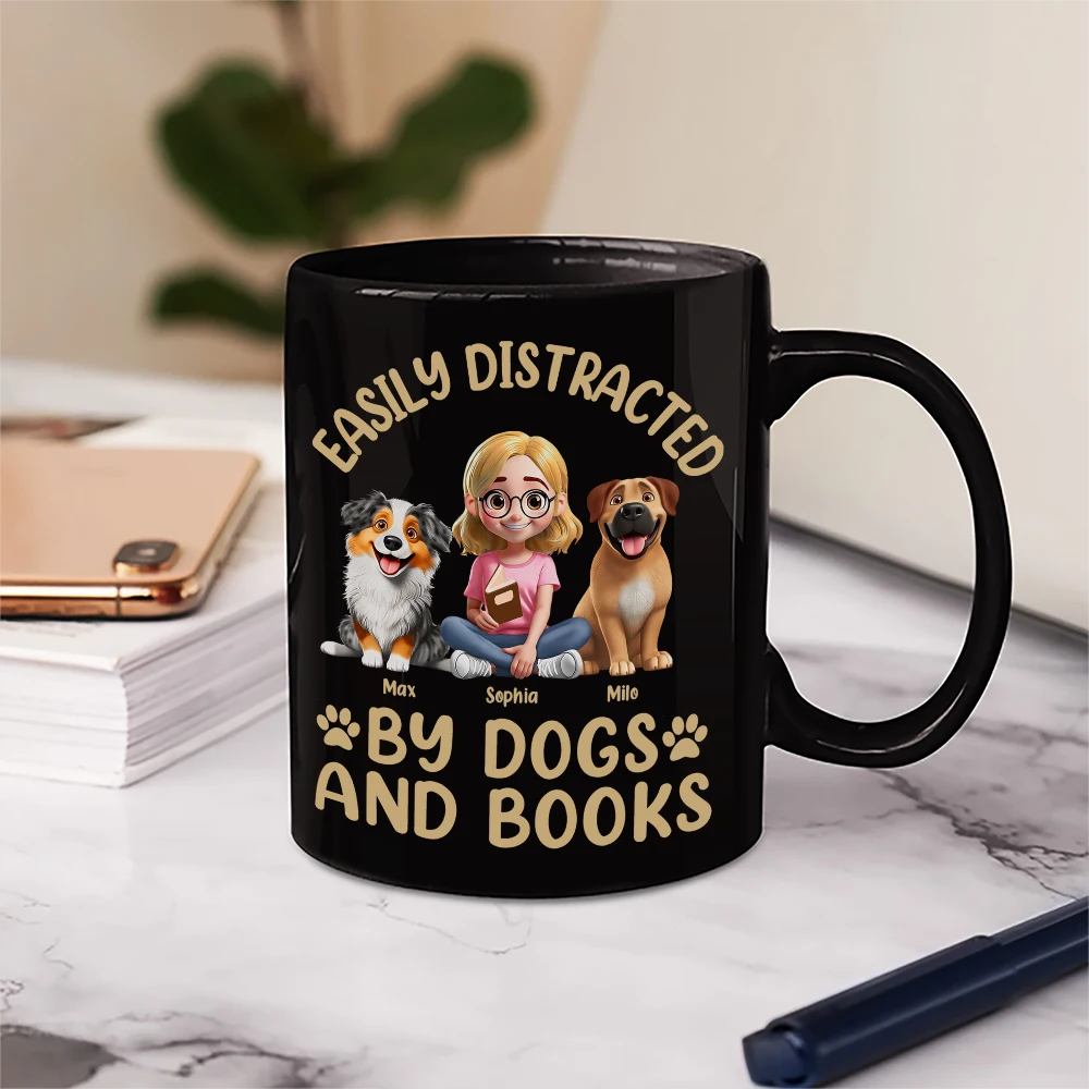 Dog Lovers,Pet Lovers,Happy,Dog Mom,Reading - Easily Distracted By Dogs & Books - Personalized Mug