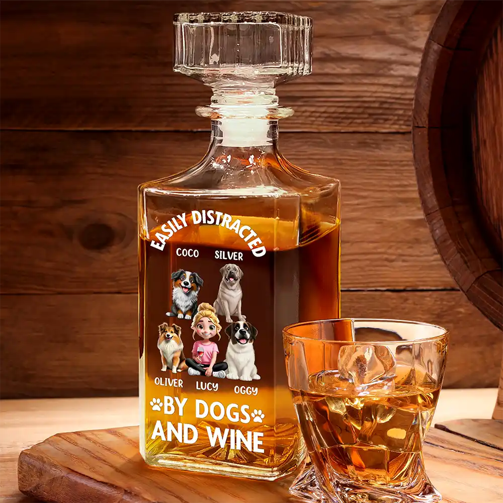 Dog Lovers, Happy - Easily Distracted By Wine - Personalized Square Whiskey Bottle