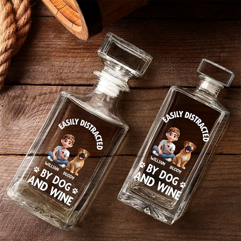 Dog Lovers, Happy - Easily Distracted By Wine - Personalized Square Whiskey Bottle