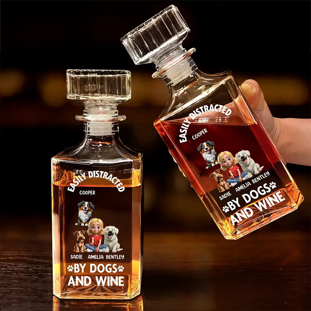 Dog Lovers, Happy - Easily Distracted By Wine - Personalized Square Whiskey Bottle