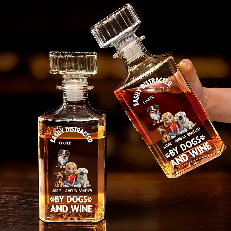Dog Lovers, Happy - Easily Distracted By Wine - Personalized Square Whiskey Bottle