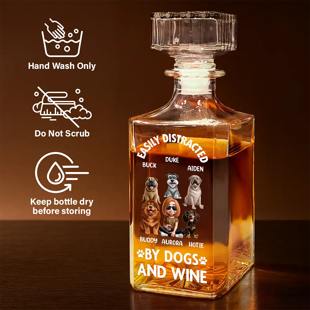 Dog Lovers, Happy - Easily Distracted By Wine - Personalized Square Whiskey Bottle