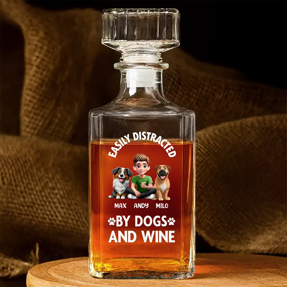 Dog Lovers, Happy - Easily Distracted By Wine - Personalized Square Whiskey Bottle
