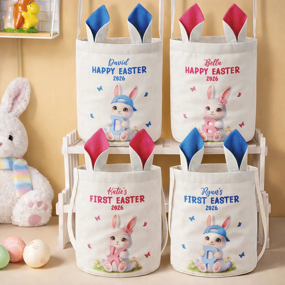 Gift For Kids,Grandma,Grandkids,Gift For Grandkids,Dad,Children,Mom,Easter,Happy - Easter Bunny Holding Alphabet Letter - Personalized Bunny Ears Bucket Bag