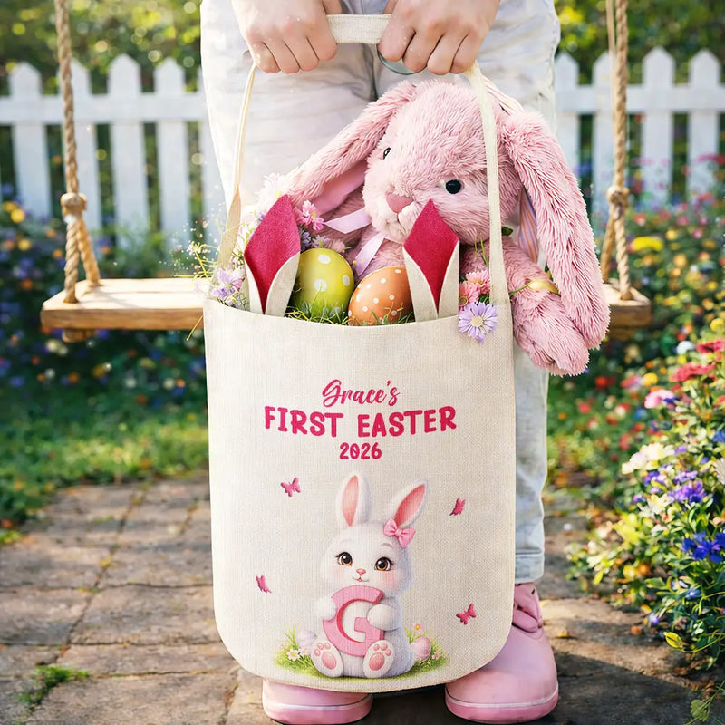 Gift For Kids,Grandma,Grandkids,Gift For Grandkids,Dad,Children,Mom,Easter,Happy - Easter Bunny Holding Alphabet Letter - Personalized Bunny Ears Bucket Bag