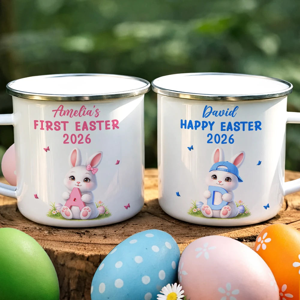 Easter Bunny Holding Alphabet Letter - Personalized Enamel Mug
