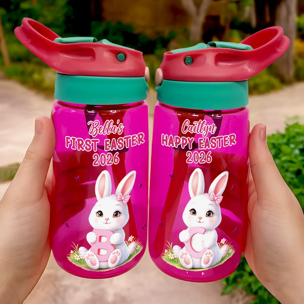 Gift For Kids,Grandma - Grandkids,Gift For Grandkids,Dad - Children,Mom - Children,Easter,Happy - Easter Bunny Holding Alphabet Letter - Personalized Kids Water Bottle With Straw