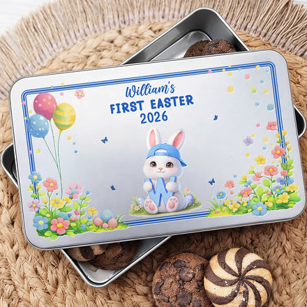 Easter Bunny Holding Alphabet Letter - Personalized Metal Biscuit Tin