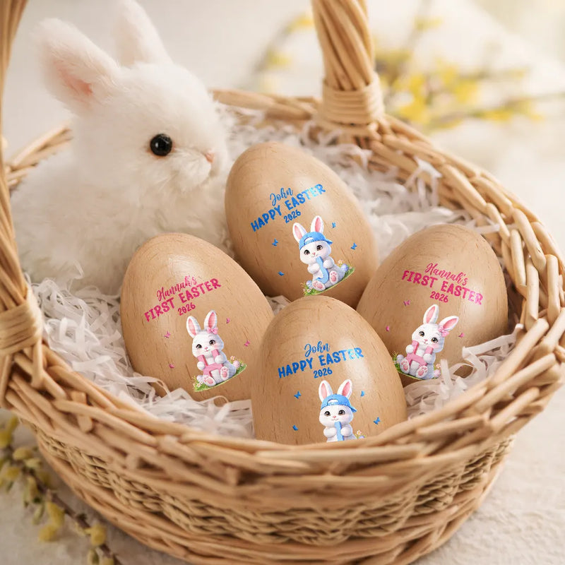 Gift For Kids,Grandma,Grandkids,Gift For Grandkids,Mom,Children,Happy,Easter - Easter Bunny Holding Alphabet Letter - Personalized Musical Wooden Easter Egg Shaker