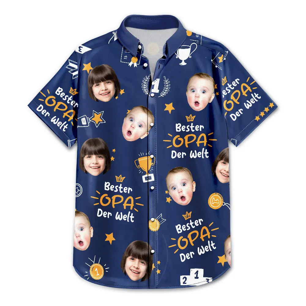 Gift For Men,Gift For Father,Gift For Grandpa,Happy,Non-Eng,German - Eigenes Foto Bester Opa Der Welt Trophäen-Papa - Personalisiertes Hawaiihemd