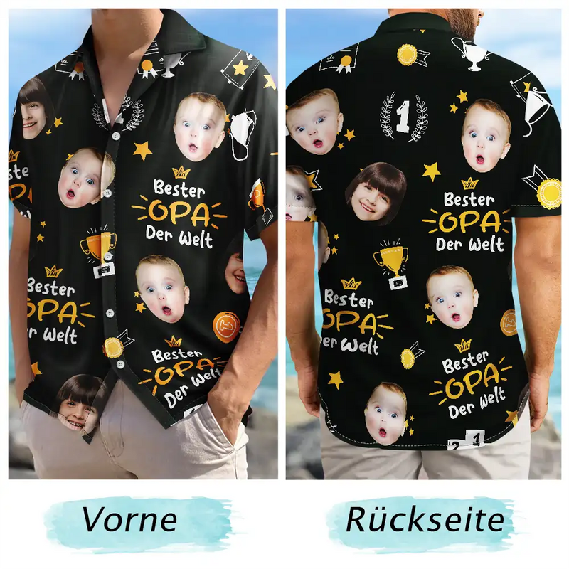 Gift For Men,Gift For Father,Gift For Grandpa,Happy,Non-Eng,German - Eigenes Foto Bester Opa Der Welt Trophäen-Papa - Personalisiertes Hawaiihemd