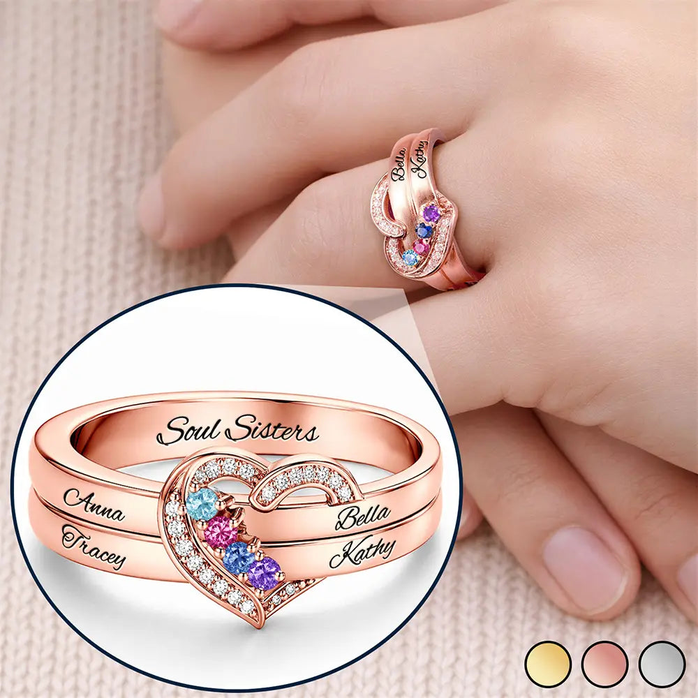 Elegant Custom Name Gemstones For Besties - Personalized Birthstone Heart Ring