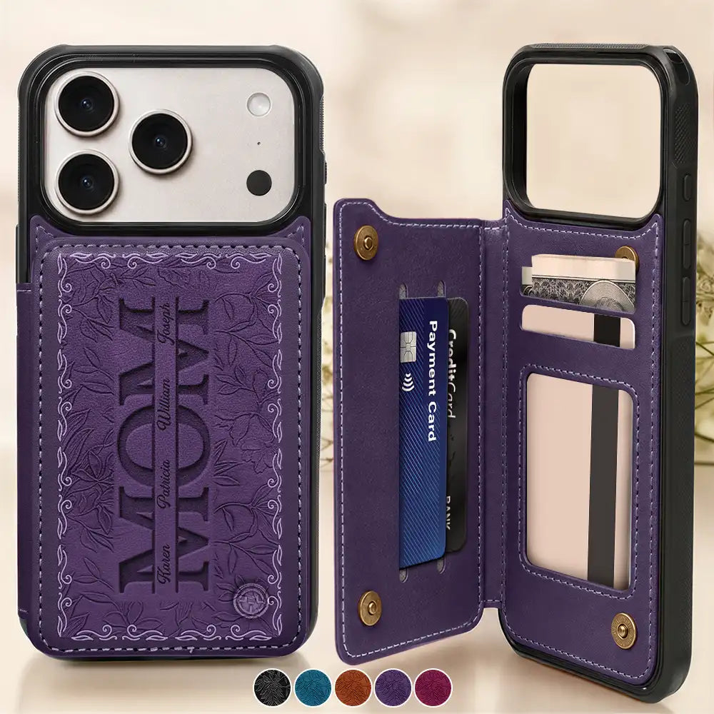 Embossed Flower Leather Mom We Love You - Personalized Leather Flip Wallet Phone Case